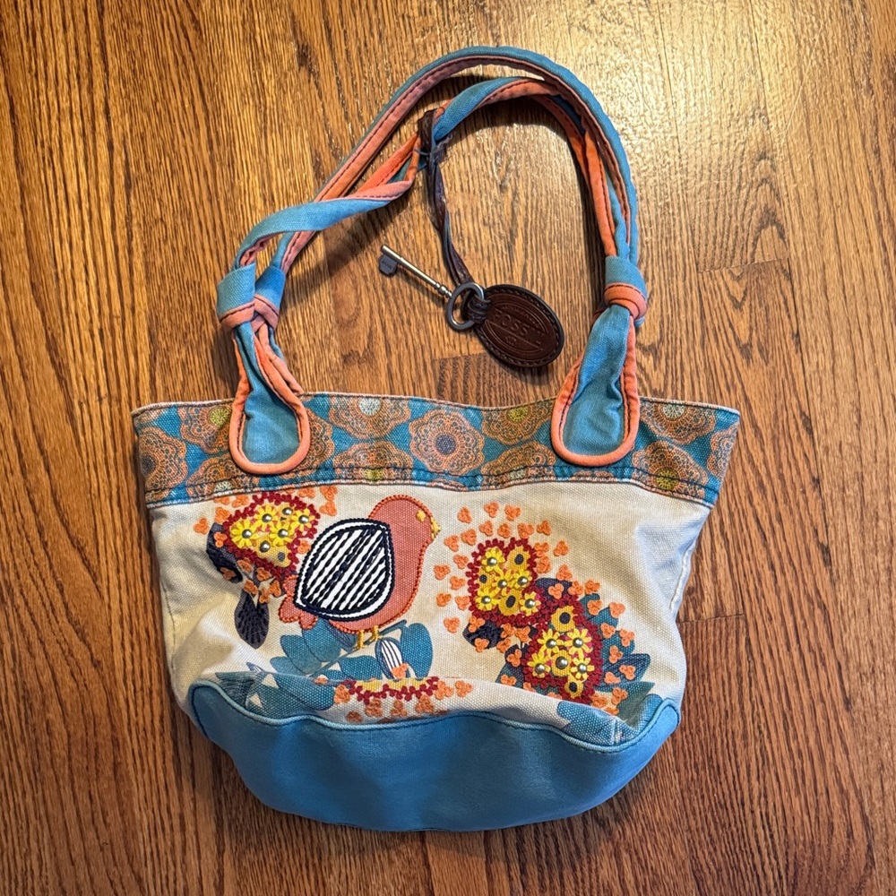 FOSSIL Canvas Embroidered Floral Shoulder Bag with Blue and Orange Accents